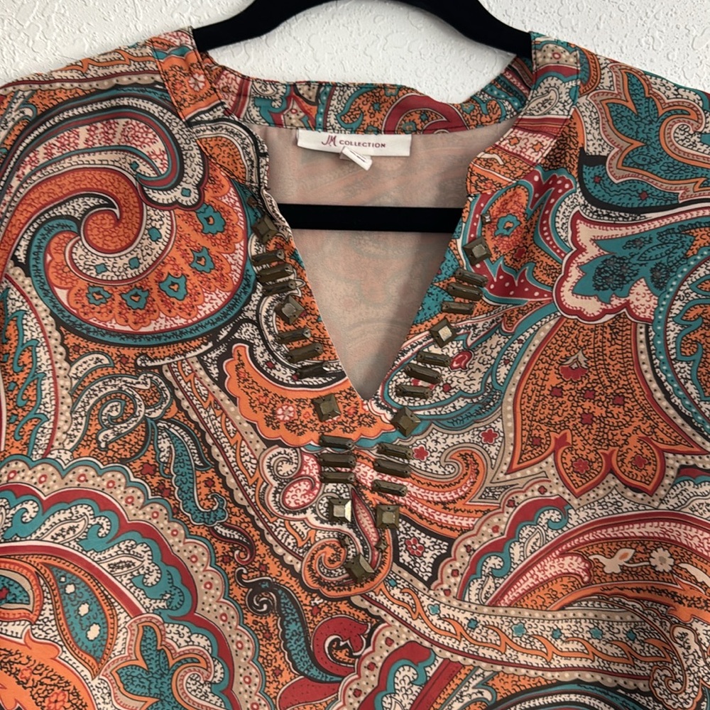❗️SOLD❗️JM Collection Orange Brown Mandarin Collar Tunic - Picture 4 of 5